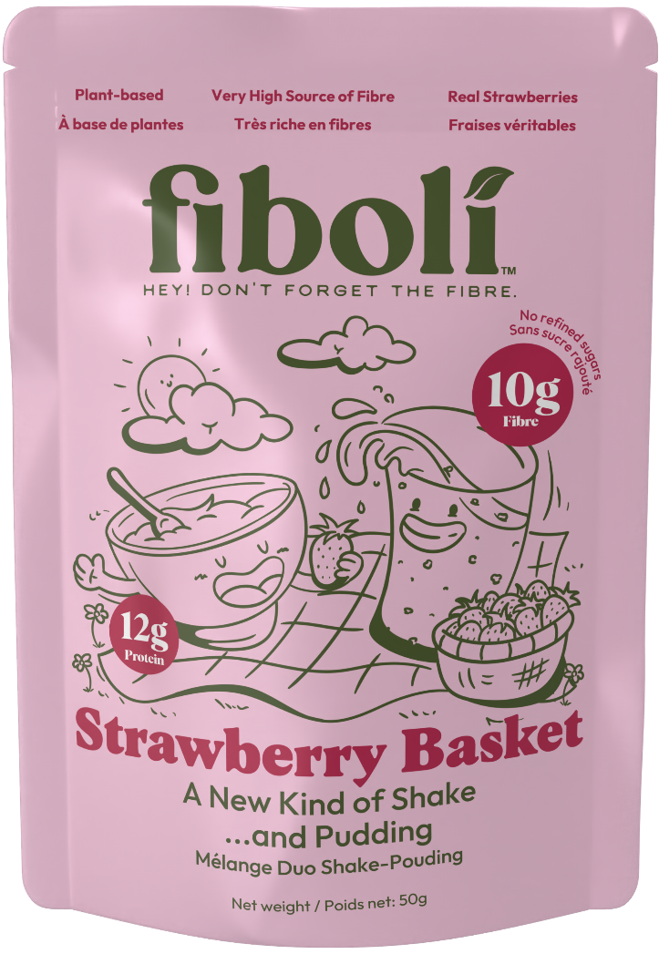 Pink package of fiboli Strawberry Basket shake and pudding mix on a white background