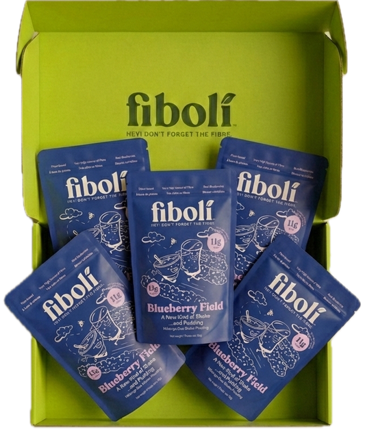 Five blue packets of fiboli with a green box on a white background