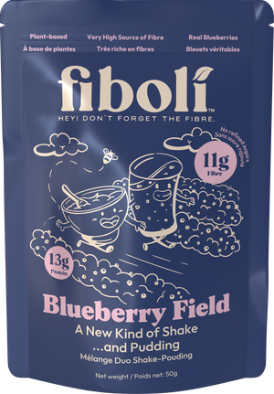 Fiboli Blueberry Field shake and pudding package on a white background