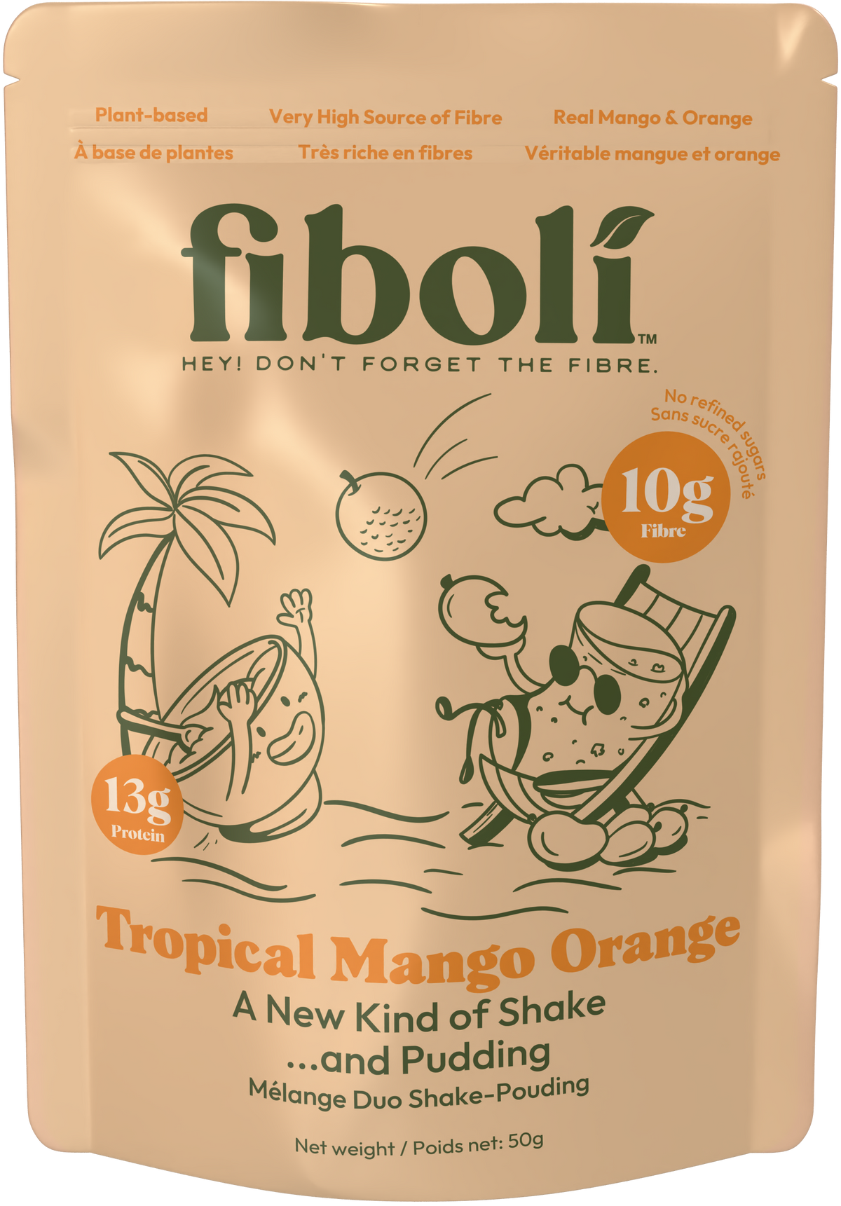 Fiboli Tropical Mango Orange shake package on a white background
