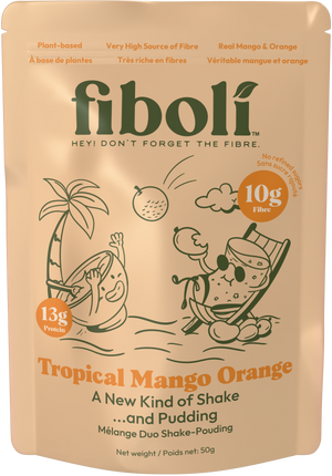 Fiboli Tropical Mango Orange shake package on a white background