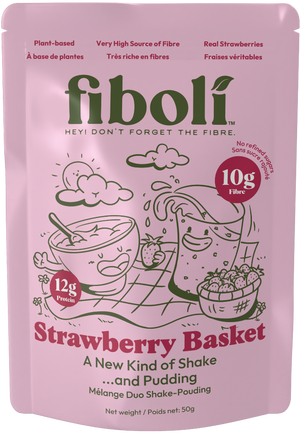 Pink package of fiboli Strawberry Basket shake and pudding mix on a white background