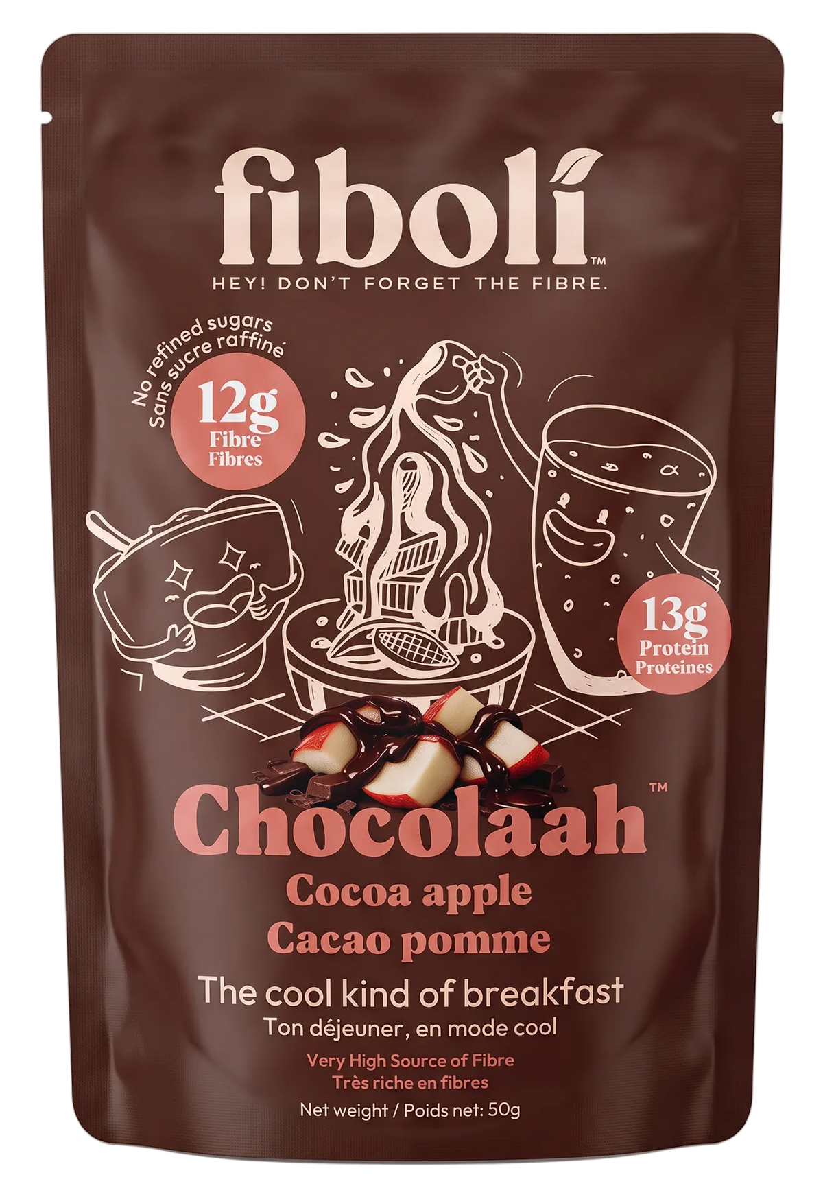 fiboli chocolaah stand up pouch with an illustration and apple and melted chocolate image. 