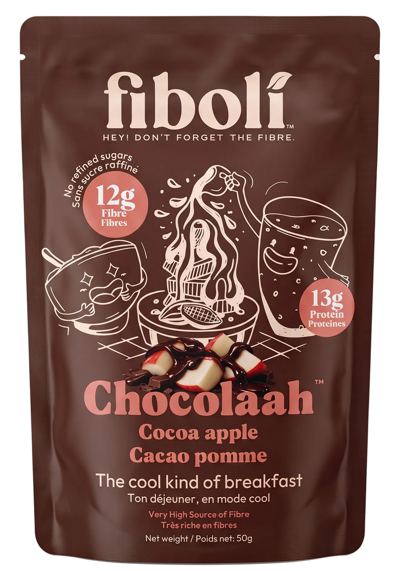 fiboli chocolaah stand up pouch with an illustration and apple and melted chocolate image. 