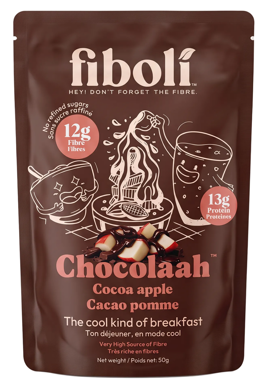 fiboli chocolaah stand up pouch with an illustration and apple and melted chocolate image. 