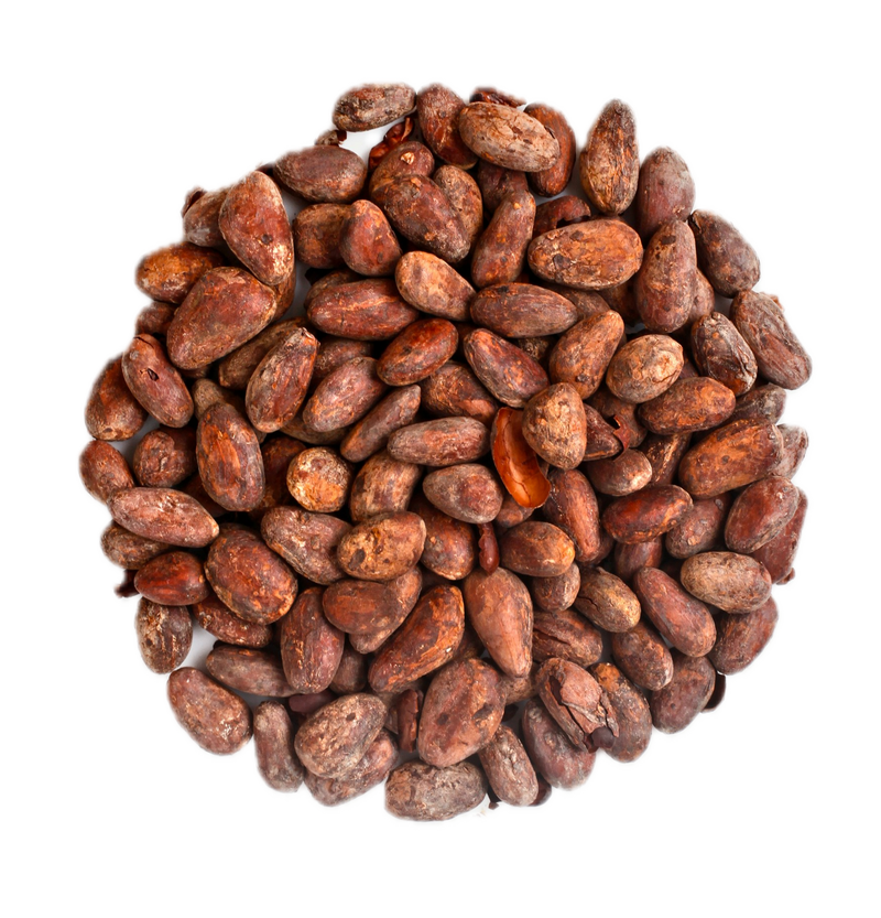 Pile of cocoa beans on a white background