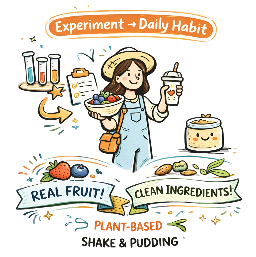 Illustration of a person holding a shake with text about plant-based shake and pudding ingredients.