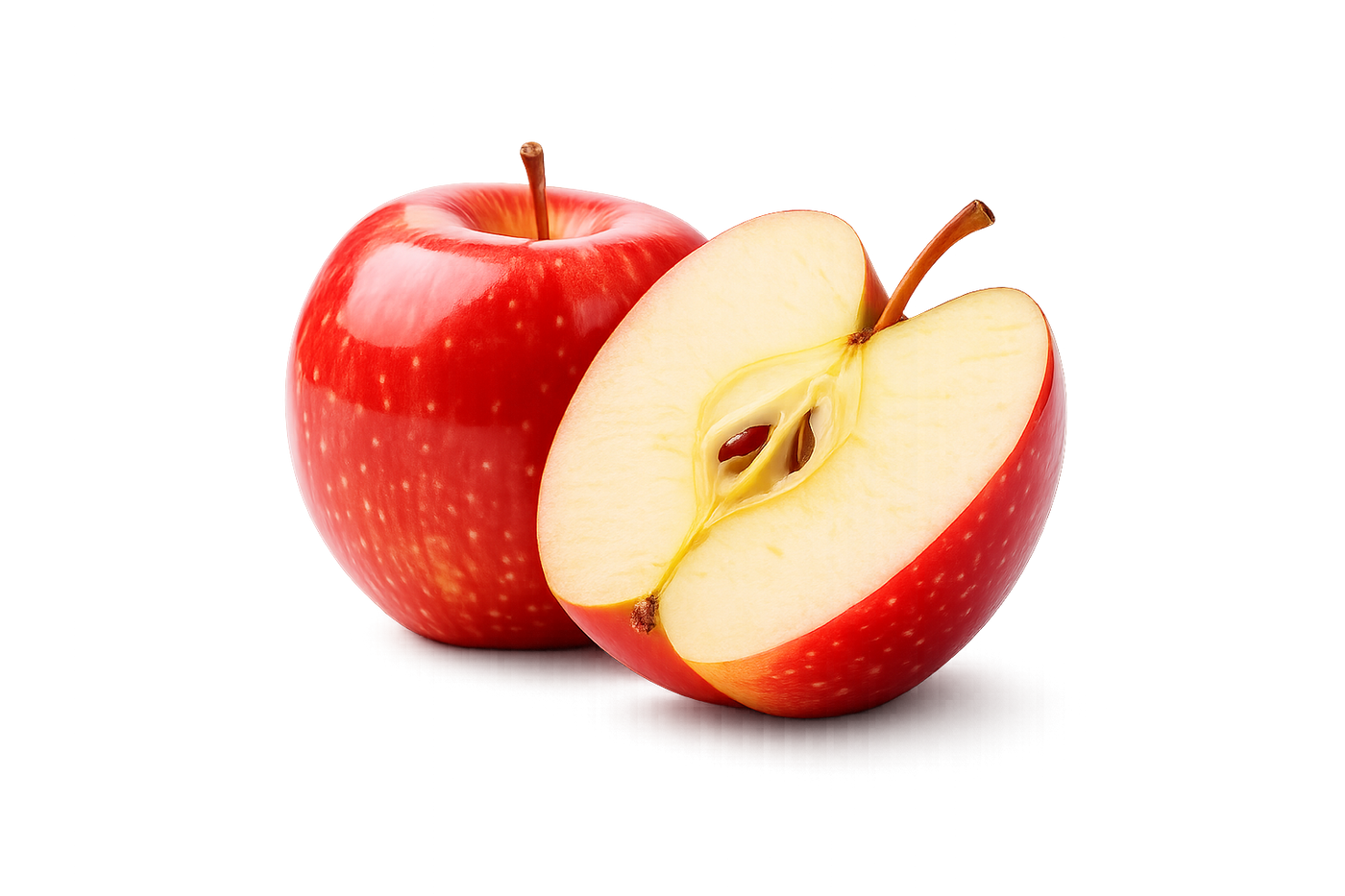 Red apple and a sliced red apple on a white background