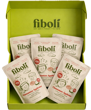Box of fiboli apple packets on a white background