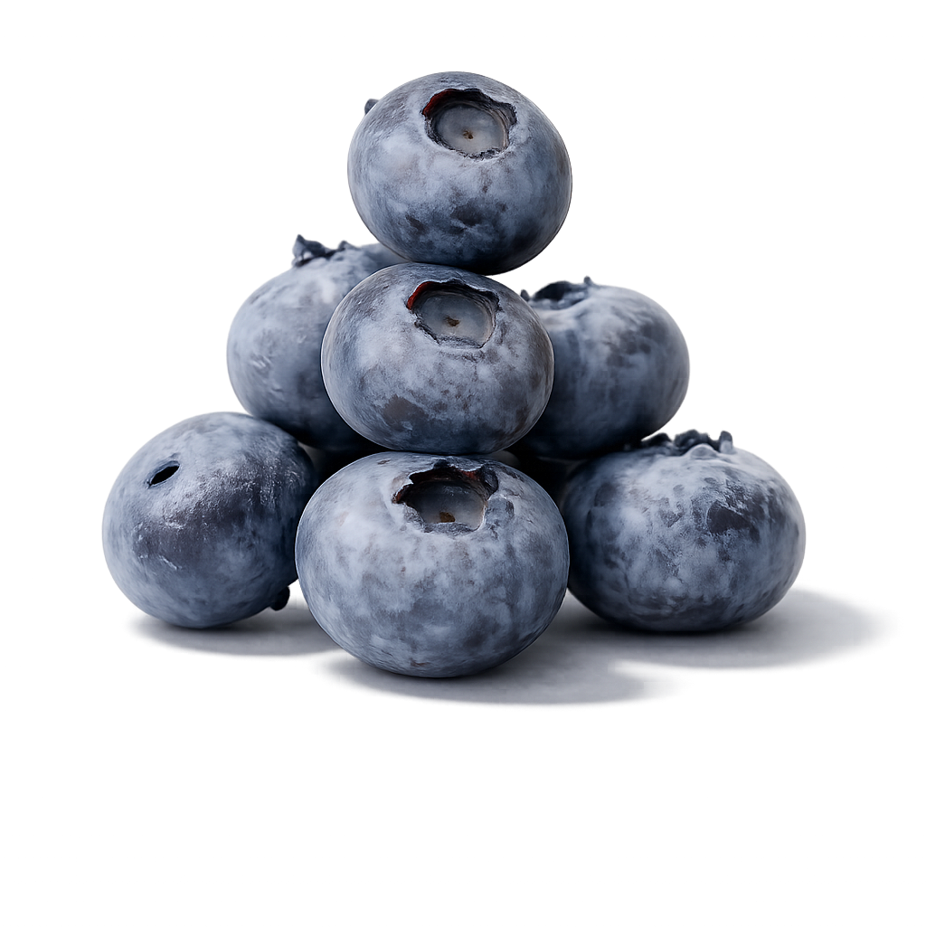 Stack of blueberries with one falling onto a white background