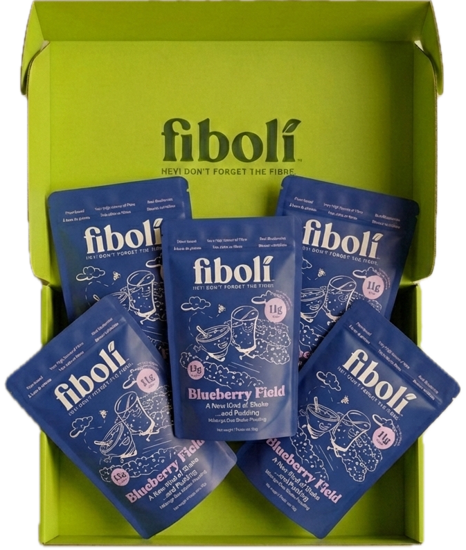 Five blue packets of fiboli with a green box on a white background