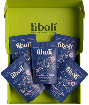 Five blue packets of fiboli with a green box on a white background