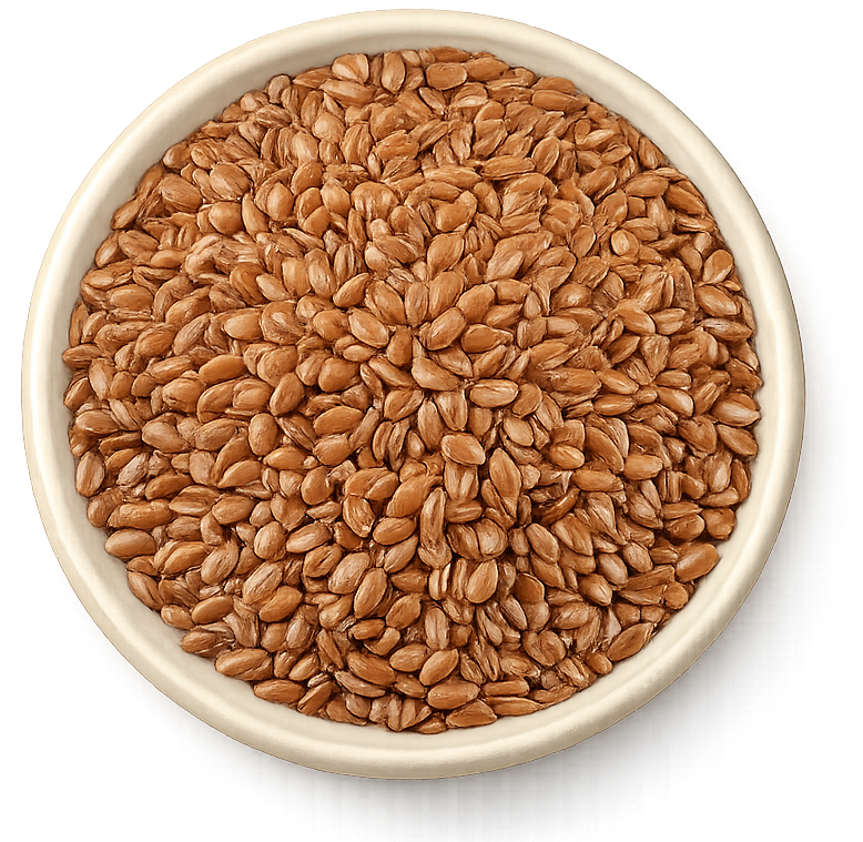 Bowl of flaxseeds on a white background
