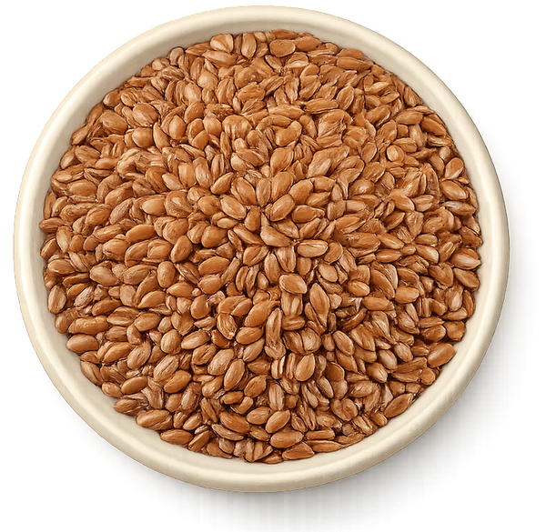 Bowl of flaxseeds on a white background