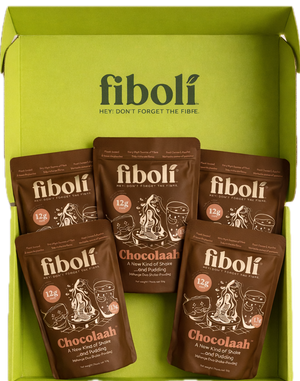 Box of fiboli Chocolaah packets on a white background