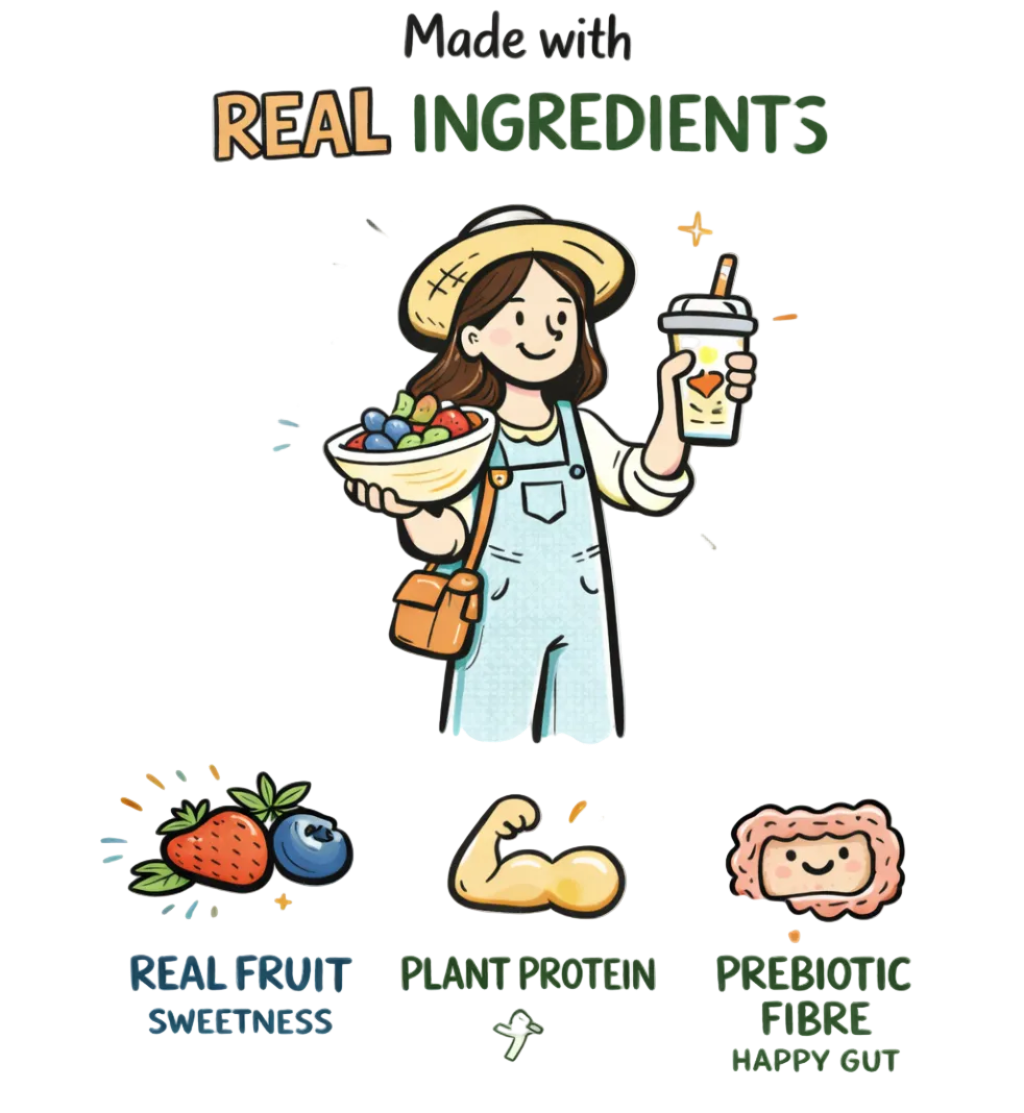 Illustration of a person holding a shake and a bowl of fruit with text about real ingredients on a white background.
