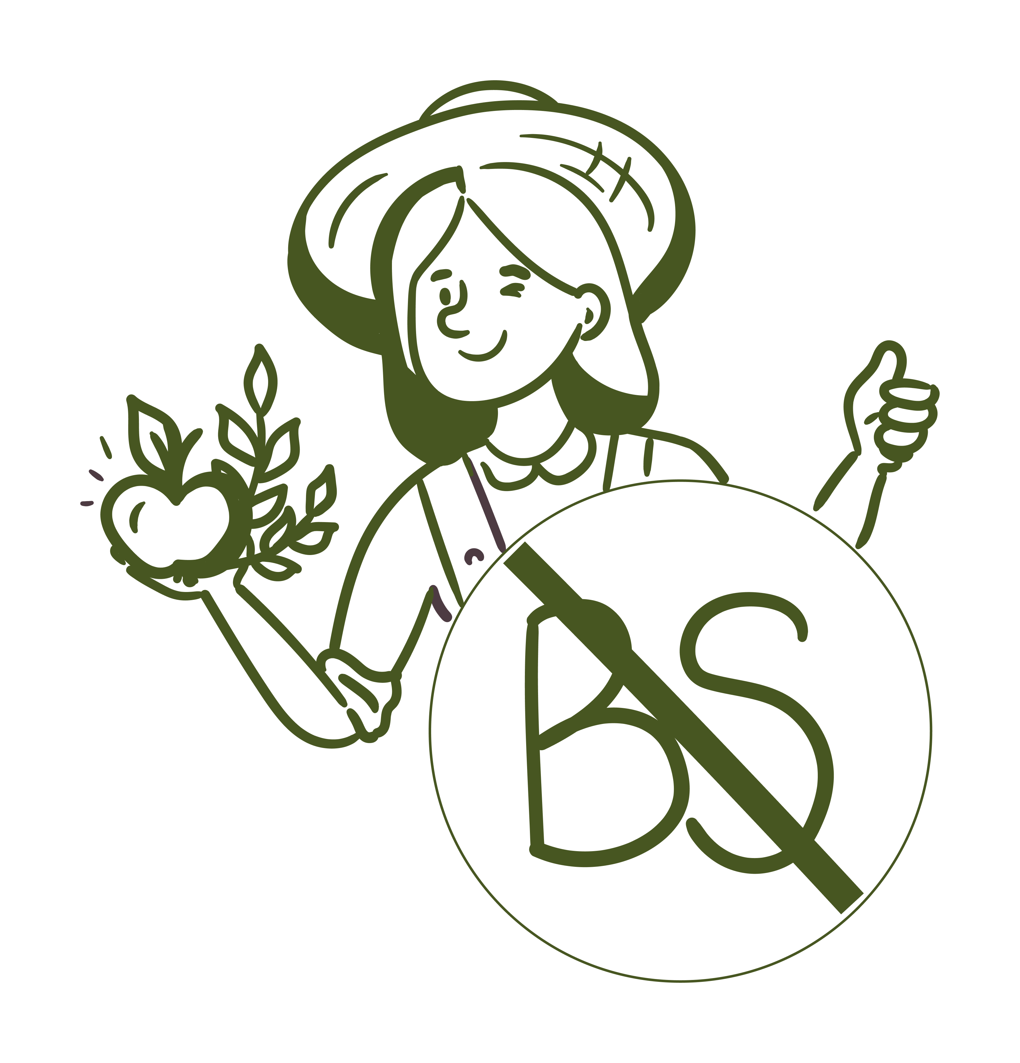 Illustration of a person holding an apple and a leaf, with a logo in the background on a white background