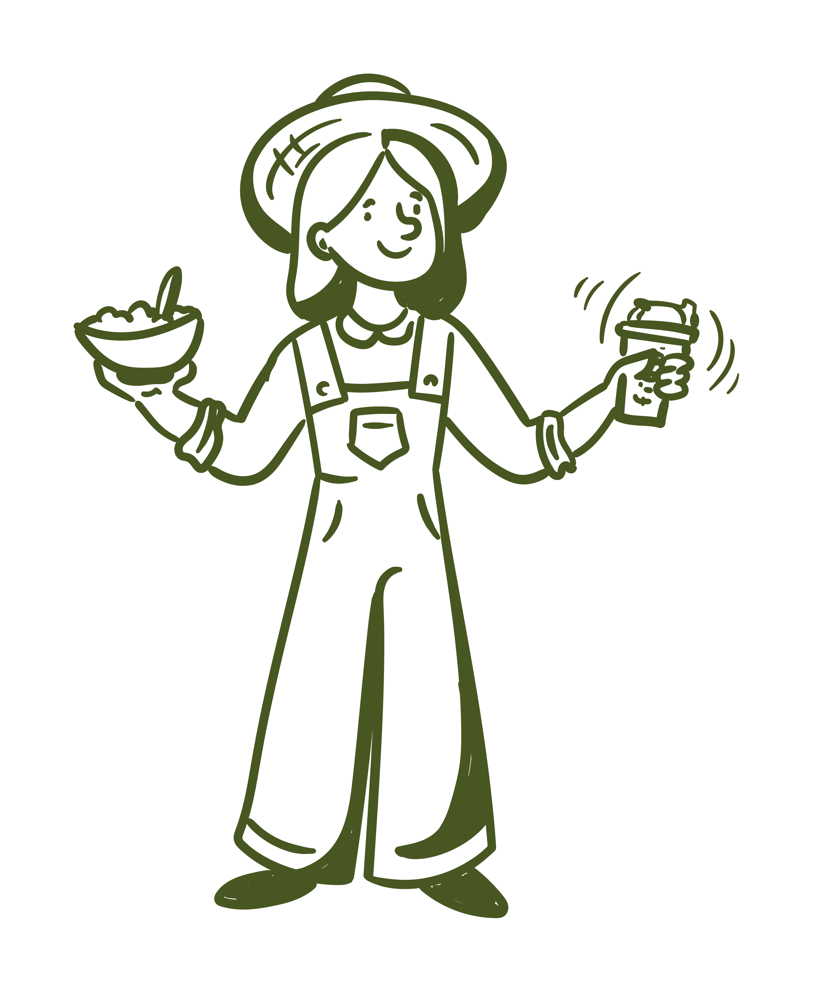 Illustrating a happy farmer holding both pudding and a shake from fiboli