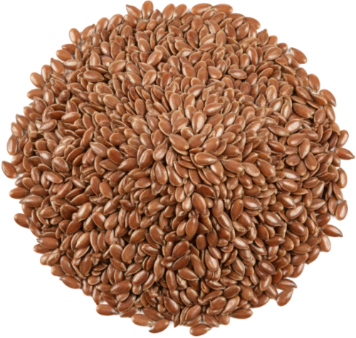 Close-up of a round cluster of brown flaxseeds on a white background