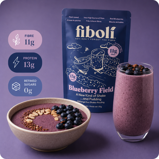 Fiboli Blueberry Field shake and pudding package with a bowl and glass of the product on a purple background.