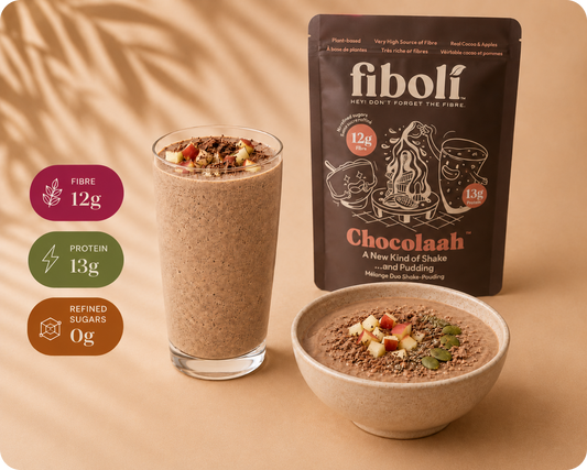 Fiboli Chocolaah shake and pudding with packaging on a beige background