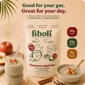 fiboli Cinnamon Applesies packaging with a shake and bowl of cereal on a beige background