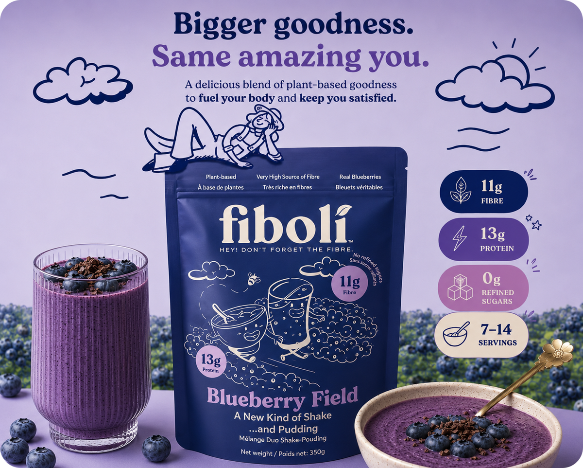 Fiboli Blueberry Field shake package with a glass of shake and bowl of pudding on a purple background.
