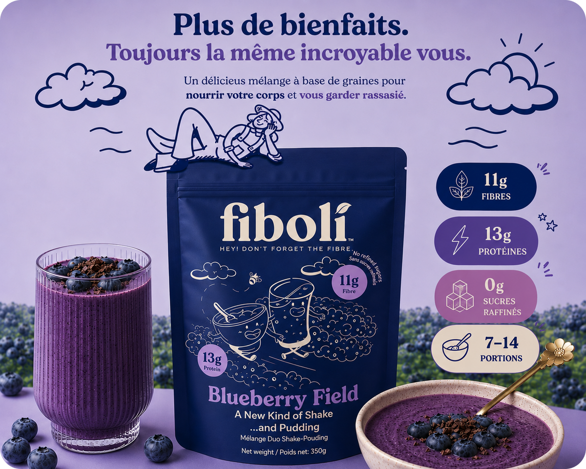 Fiboli Blueberry Field shake mix packaging with a glass of shake and bowl of pudding on a purple background.