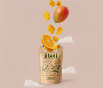 Fiboli tropical mango orange snack package with floating fruit on a beige background