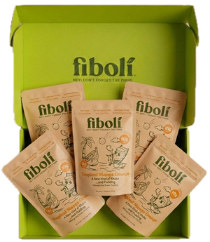 Green box with fiboli packaging on a white background