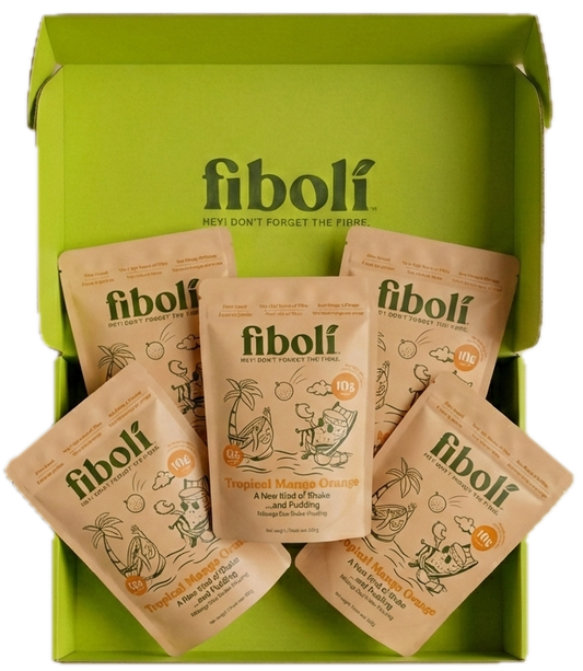 Green box with fiboli packaging on a white background