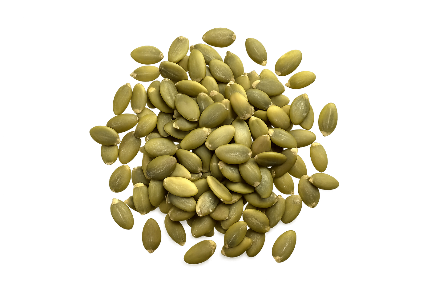 Pile of green pumpkin seeds on a white background