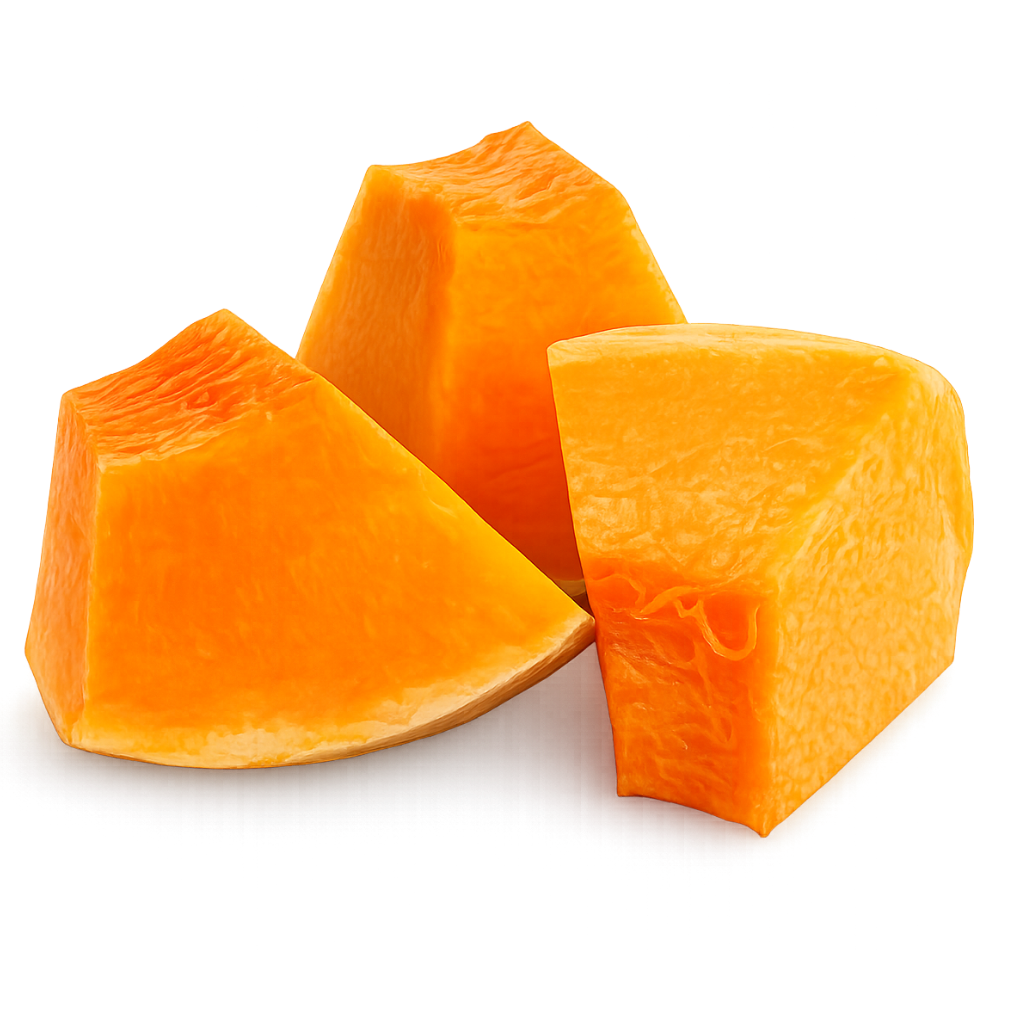 Three pieces of orange pumpkin on a white background